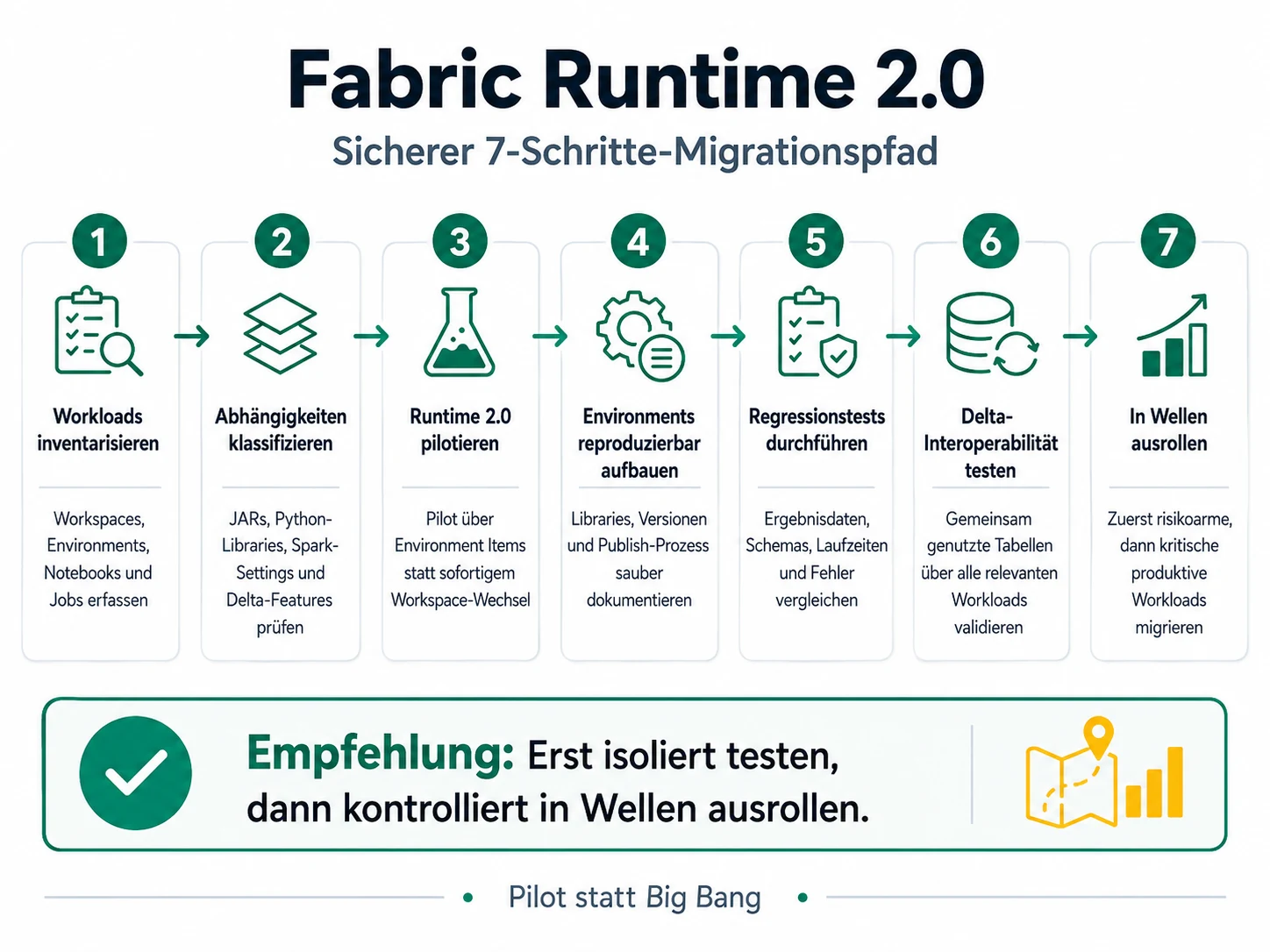 Sieben Schritte für die sichere Migration auf Fabric Runtime 2.0 vom Inventar bis zum Wellen-Rollout.