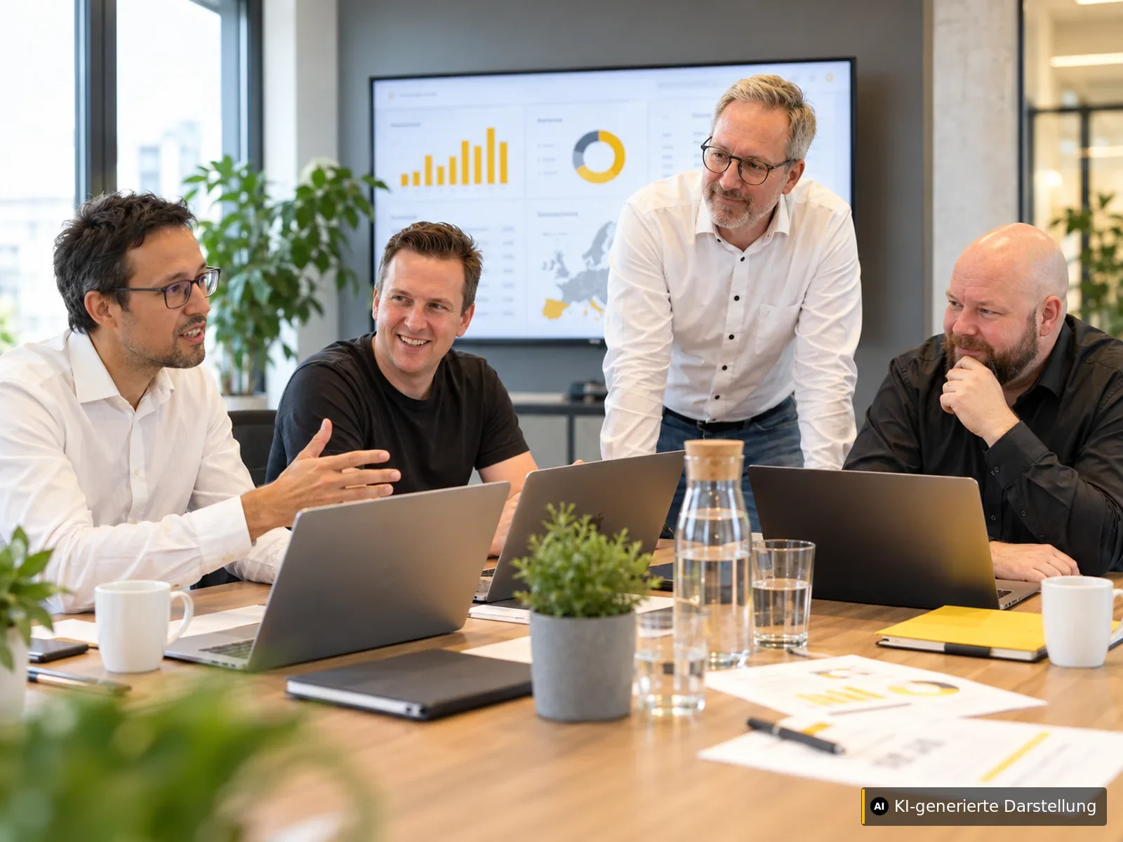 Vier Teammitglieder der Daten-WG in einer KI-generierten Beratungssituation