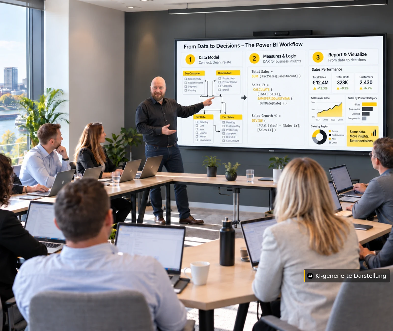 Power BI Training: Michael Tenner erklärt Teilnehmenden den Weg vom Datenmodell über Measures und DAX bis zum Power-BI-Bericht. (KI-generierte Darstellung)